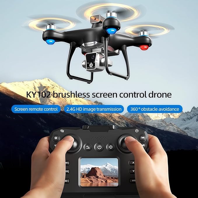 KY102 Drone with Screen Controller with SD card, Brushless Motor, Optical Flow Localization, Active Obstacle Avoidance, 2 batteries, One Key Take Off/Landing. (2 batteries - White)