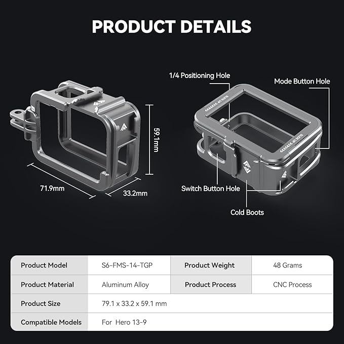 TELESIN Aluminum Case Metal Camera Cage for Go Pro 13 12 11 10 9, Protective Frame Housing with ND/CPL Lens Filter Compatibility, Protective Cage with 2 Cold Shoe Mount for Camera Accessories