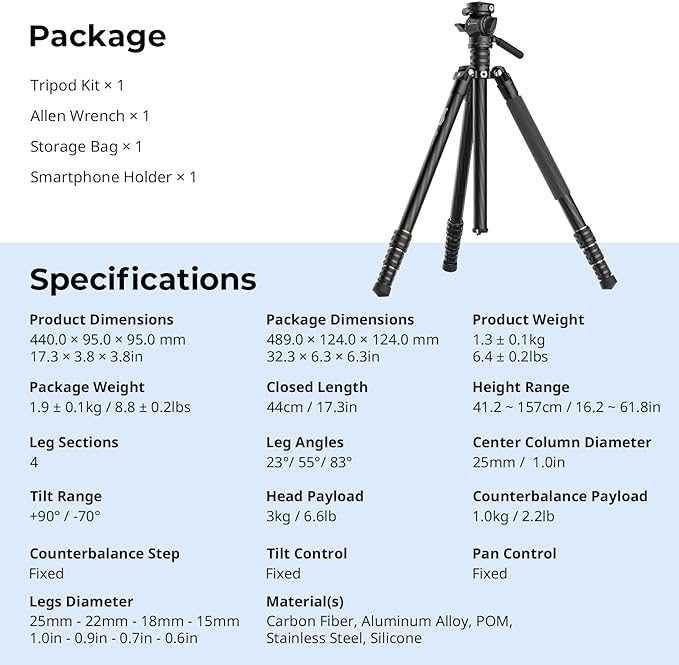 SmallRig CT150 Carbon Fiber Travel Video Tripod, 61.8'' Max Load 3kg / 6.6lb for Cameras, DSLR - 4937
