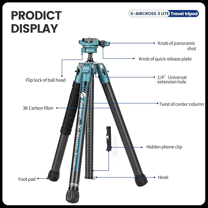 Fotopro Carbon Fiber Tripod 60 Inch 360 Degree Ball Head Quick Release Plate Lightweight Travel Tripod, Max Loads up to 17.6lbs, Blue