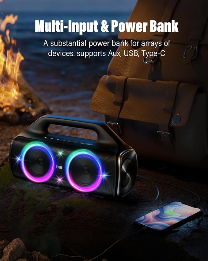 Speakers, 80w (Peak) Portable Wireless Speaker with Lights, Stereo Loud Sound, IP67 Waterproof, Deep Bass Outdoor Speakers Bluetooth 5.0 Dual Pairing for Home Party Beach Camping, Gifts