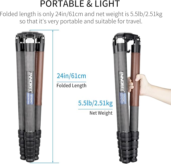 Carbon Fiber Tripod INNOREL ST424C Professional Heavy Duty Camera Stand with 75mm Bowl Adapter 42.4mm Tube, Max Load 92.6lbs/42kg,Max Height 66.9in/170cm for DSLR Camcorder Travel Shooting Bowl Tripod