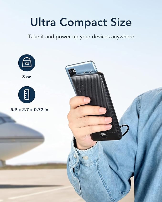 VEGER Portable Charger for iPhone Built in Cables and Wall Plug, 10000mah Slim Fast Charging USB C Power Bank, Travel Essential Battery Pack Compatible with iPhones, iPad, Samsung More Devices(Black)