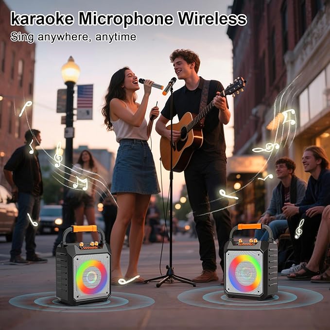 Portable Karaoke Machine with 2 Wireless Microphones for Adults Gifts,5 LED Lights Mode,Outdoor Bluetooth Speakers with PA System for Home,Party,Singing,Classroom,Supports TF/SD/USB/AUX in/FM/REC
