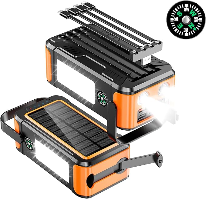 Ultra High Capacity Solar Power Bank 80000mAh, PD18W Solar Charger Power Bank with Built-in Cables, 4 Outputs & 2 Inputs, Outdoor Battery Pack with LED Flashlight for Outdoor Camping Survival(Orange)