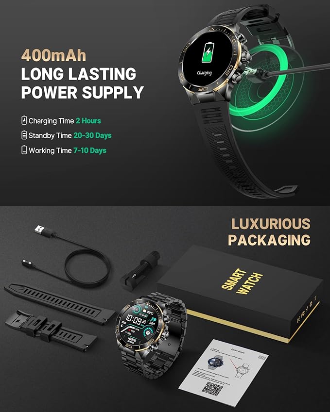 Smart Watch for Men Answer/Make Call for Android iPhone, 1.43" AMOLED HD Screen Mens Luxury Watch, 400mAh Heavy Duty Smartwatch Heart Rate Blood Oxygen Blood Pressure Sleep Monitor Pedometer, 2 Straps