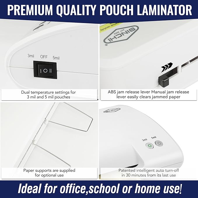 SINCHI 13-Inch Thermal Laminator Machine, 3–5 Mil, 40s Warm-Up, 20"/Min, Jam Release, Auto Shutoff, All-in-One Kit with 10 Pouches, Trimmer & Rounder, Cleaning Paper, Ideal for Home, Office, School