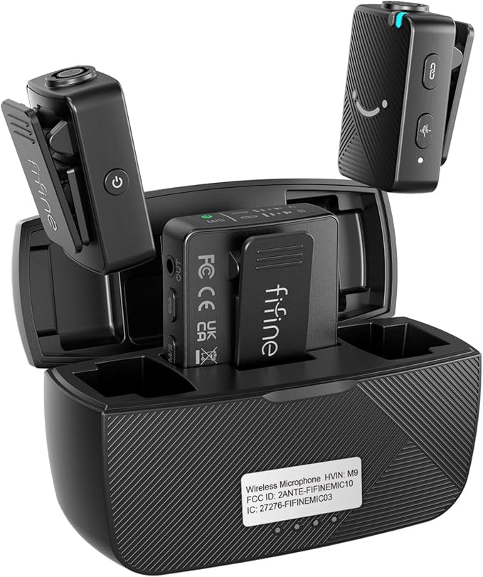 FIFINE Wireless Lavalier Microphone for iPhone/Android/Camera, 2 Pack Cordless Lapel Mic System for Vlog Recording Video YouTube/TikTok Interview, Condenser Clip-On Microphone with Charging Case-M9