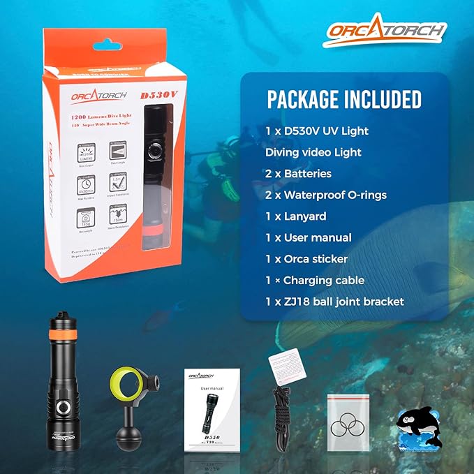 ORCATORCH D530V 395nm Fluorescent Dive Light for Scuba, 2 Modes, 120° Wide Beam Blacklight for Underwater Photography, Coral Detection & Resin Curing