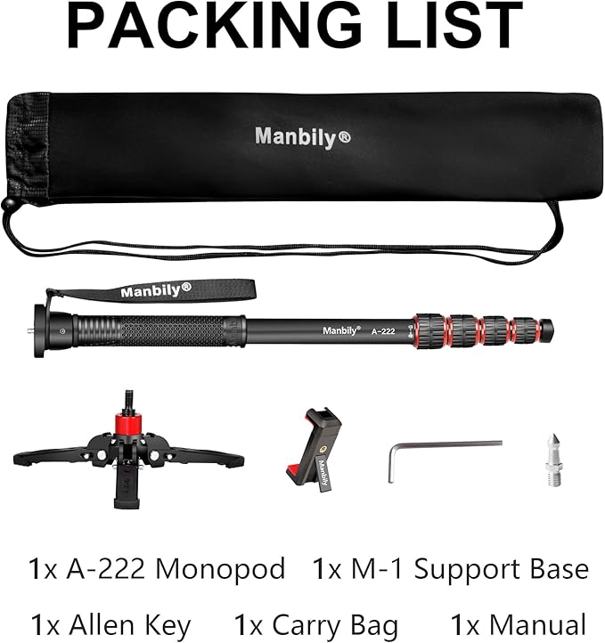 Manbily Extendable Camera Aluminum Monopod with Feet,Portable Travel Monopod with Removable Tripod Stand Base for DSLR Canon Nikon Sony Video Camcorder,5 Sections up to 67-in,Max Load 15.5 Lbs(A-222)