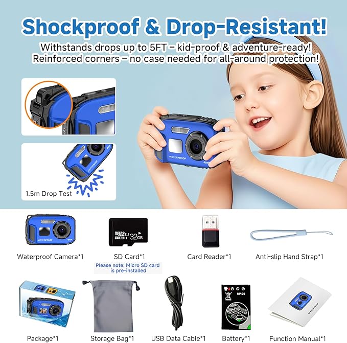 Underwater Floating Digital Camera – 48MP HD Bare-Body Waterproof Camera, No Case Needed for Underwater Fun & Childhood Memories (Blue)