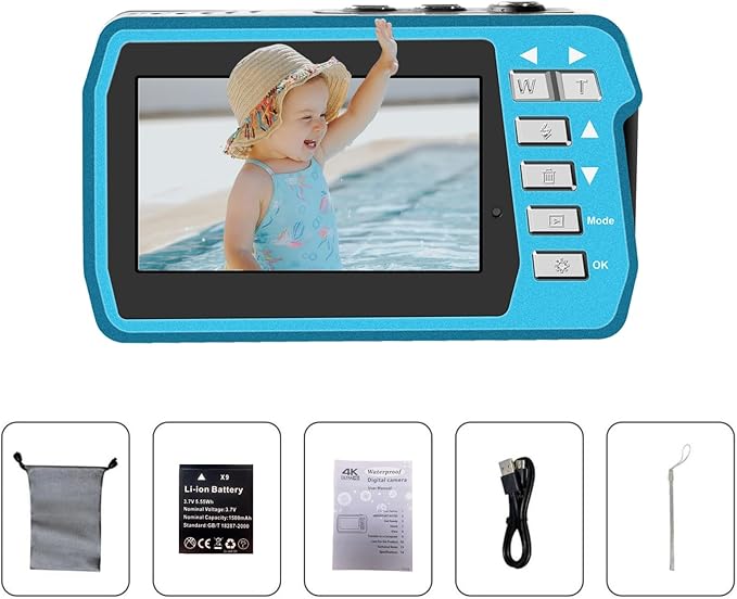 4K Underwater Camera, Full HD 4K&48MP Compact Floatable Camera, 10FT Waterproof Camera for Snorkeling, Surfing, Rafting, Dual-Screen for Selfie/16X Digital Zoom/Fill Light/Support 128GB Card(Blue)