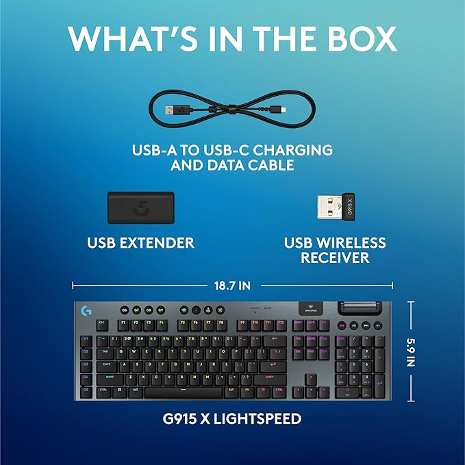 Logitech G915 X Lightspeed Wireless Mechanical Gaming Keyboard, Double-Shot PBT Keycaps, Fully Programmable Keys, RGB Backlit Mac/PC Gaming Keyboards, Aluminum Finish, GL Clicky Switches, Black