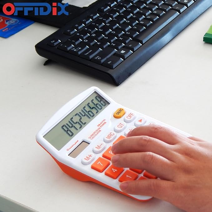 OFFIDIX Office Desk Calculator 12 Digit Large LCD Display Office Desktop Dual Power Calculator,Orange