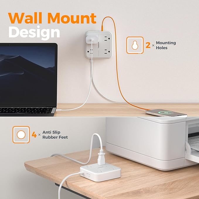 Surge Protector Power Strip, TESSAN Ring Pull Flat Plug Extension Cord 10 Ft with 3 USB (1 USB C) 4 Outlets, 900 Joules Protection, Desktop Charging Station for Home, Office, College, Dorm Room, Gray
