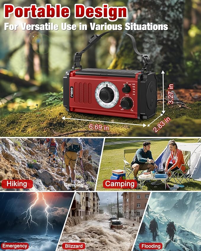 10000wAh/37000mWh Emergency Hand Crank Radio, Solar AM FM NOAA Weather Radio, 5 Charging Methods, Torch & LED Reading Light, SOS Alarm for Winter Storm Emergency, Red