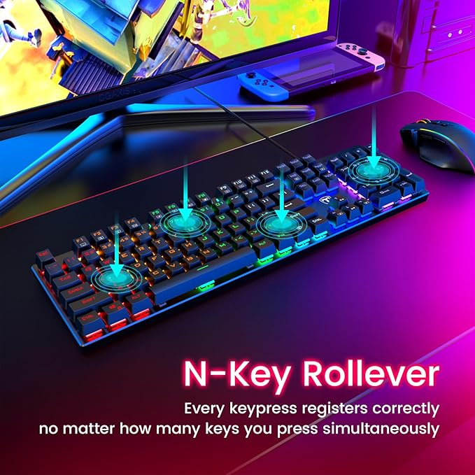 RisoPhy Mechanical Gaming Keyboard, RGB 104 Keys Ultra-Slim LED Backlit USB Wired Keyboard with Red Switch, Durable ABS Keycaps/Anti-Ghosting/Spill-Resistant for PC Mac Xbox Gamer