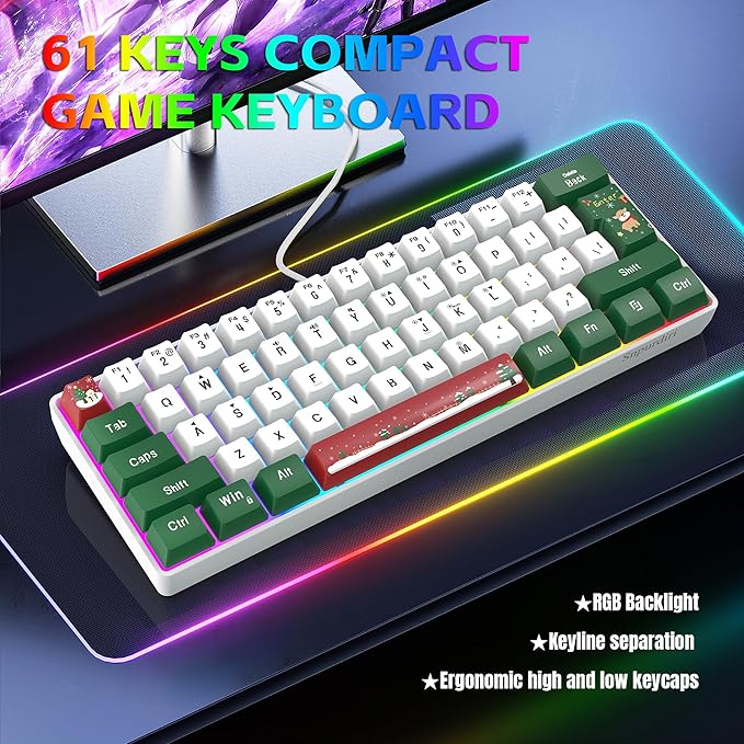Snpurdiri 60% Wired Gaming Keyboard, RGB Backlit Small Ultra-Compact 61 Keys 60 Percent Gaming Keyboard for PC/Mac Gamer, Typist, Travel, Easy to Carry on Business Trip(Red Green White)
