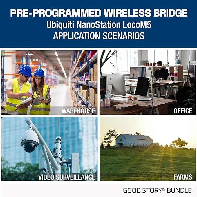 Wireless Bridge LOCOM5 PRE-Programmed Bundle of 2 Ubiquiti Nanostation LOCO M5, Point to Point Outdoor WiFi Bridge, Plugh and Play, 5GHz, 150+Mbps, 15+km Link Range Network Wireless Bridge.