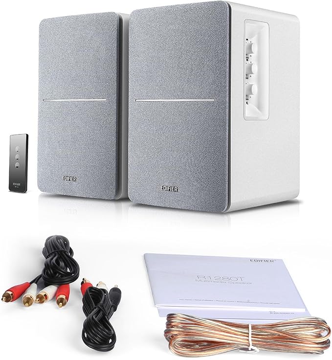 Edifier R1280T Powered Bookshelf Speakers - 2.0 Active Near Field Studio Monitor Speaker - White Enclosure - 42 Watts RMS