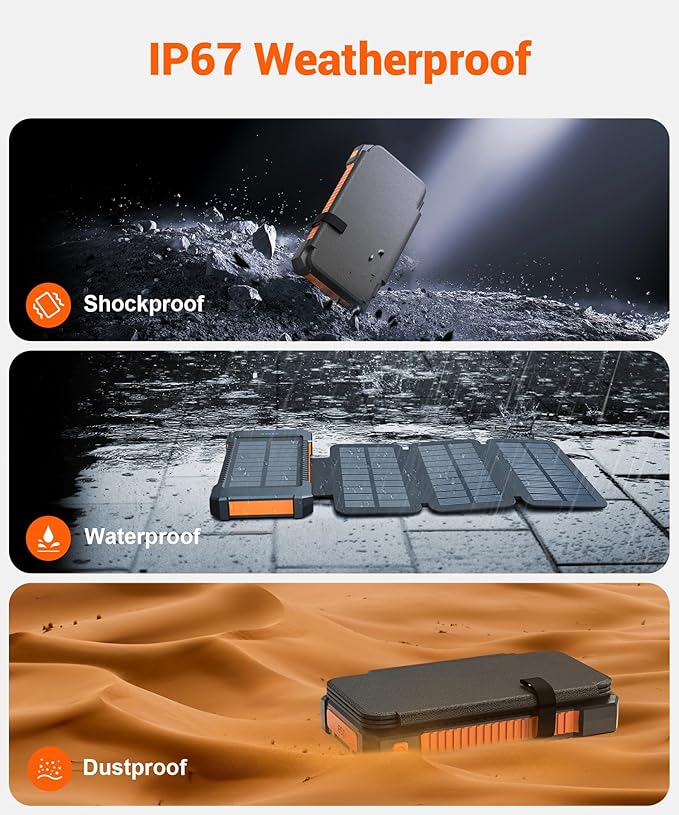 Solar Power Bank 38800mAh with 4 Solar Panels, Portable Charger USB C 18W Fast Charging for iPhone Samsung, IP67 Waterproof Outdoor External Battery Pack with Flashlight Light/SOS/Strobe