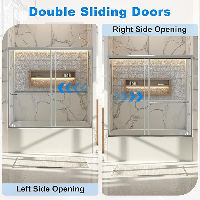 56-60" W x 62" H Tub Shower Door Bathroom Double Sliding Shower Door 5/16"(8mm) Thick Tempered Glass Shower Door with Stainless Steel Handle for Bathtub, Brushed Silver