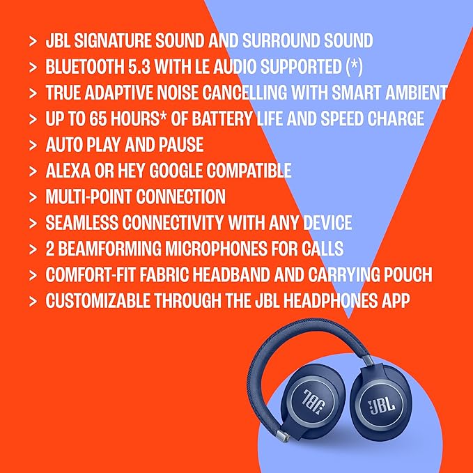 JBL Live 770NC - Wireless Over-Ear Headphones with True Adaptive Noise Cancelling with Smart Ambient, Up to 65 Hours of Battery Life, Comfort-fit Fabric Headband & Carrying Pouch (Sandstone)