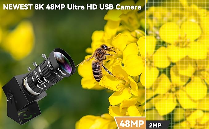 48MP USB Webcam 8K Ultra HD Color Camera with 5-50mm 10X Manual Optical Lens 6000P Industrial Security Video Camera Close-Up Zoom Function Plug-and-Play for Windows, Linux, Mac OS