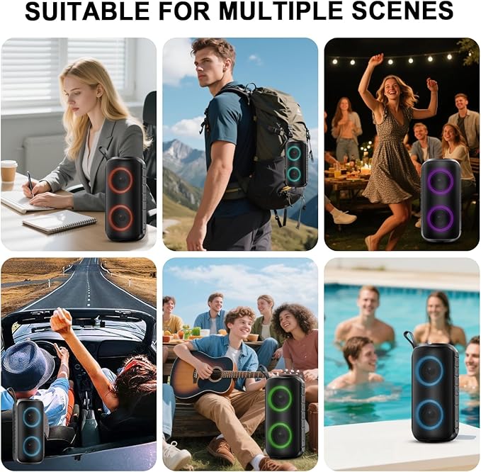 Bluetooth Speaker with 6D Loud Sound, 2025 New Portable Wireless Speaker, IPX7 Waterproof, RGB Lights, BT5.3, 12H Playtime, for Home/Party/Outdoor/Beach, Stocking Stuffers, White Elephant Gifts