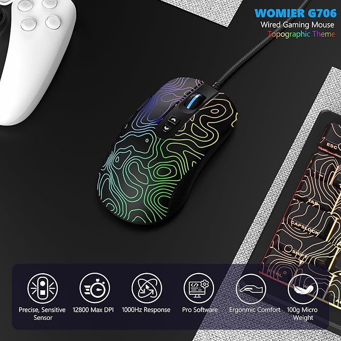 Womier Wired Gaming Mouse, 12800 DPI RGB Computer Mouse Topographic with 7 Programmable Buttons & 7 Backlit Modes, Software Supports DIY Black Gamer Mouse for Laptop PC Mac Windows (G706)