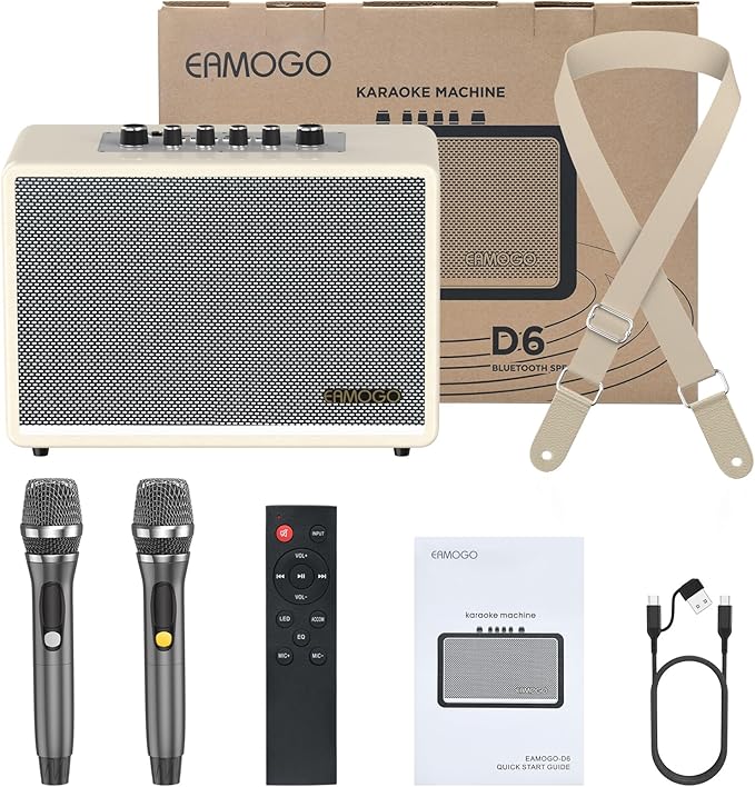 Portable Bluetooth Speaker with 2 Wireless Mics | 70W Peak Deep Bass Birchwood Cabinet | Bluetooth PA System for Outdoor Camping, Backyard| Dynamic LED Lights USB/AUX/OTG Rechargeable Battery (White)