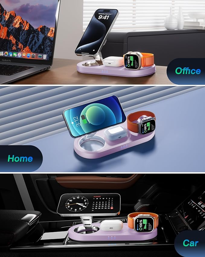Upgraded 3 in 1 Wireless Charging Station for Apple Devices, Faster Mag-Safe Charger Stand, Magnetic Charger Station for iPhone 17/16/15/14/13/12 Series & AirPods Pro & Apple Watch Series (Purple)
