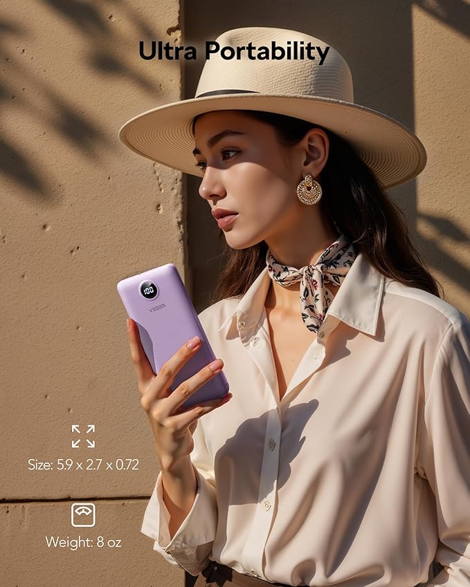 VEGER AC Wall Plug Portable Charger, 10000mah Slim Portable Charger Built in Cables, USB C Power Bank 15W Fast Charging, Travel Essential Battery Pack Compatible with iPhone, Android and More(Purple)