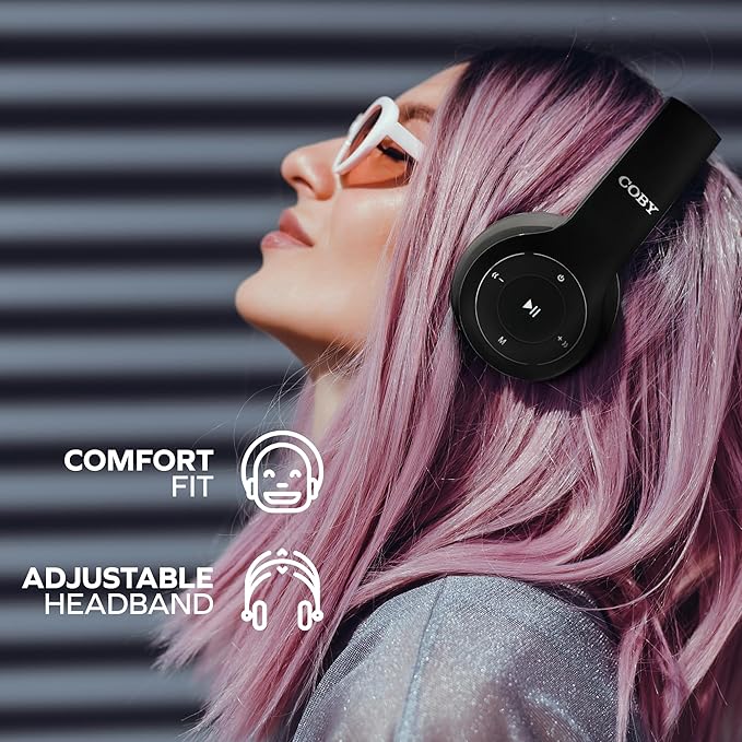 Coby Bluetooth Headphones, Rechargeable and Foldable Over-Ear Headset with Mic, TF Card Slot and AUX Input, Hands-Free Controls, 5-Hour Playback, Micro-USB Cable Included, Black