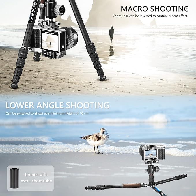 Lightweight Carbon Fiber Reverse Folding Travel Tripod with Ball Head, Removable Center Column, Folded Height 36cm, Maximum Load 6KG(LX-225CT+XB-32Q)