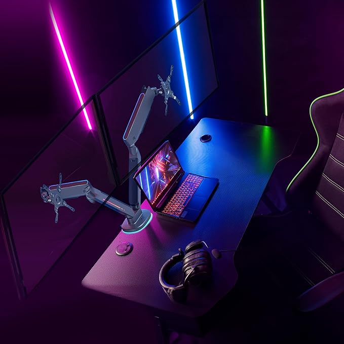 AVLT Dual 27”-43” RGB Gaming Monitor Arm Desk Mount Built-in 20 Lighting Modes Touch Button Control Fits Flat/Curved/Ultrawide Screen Height Swivel Tilt Rotation Adjustable Monitor Stand -Dark Gray