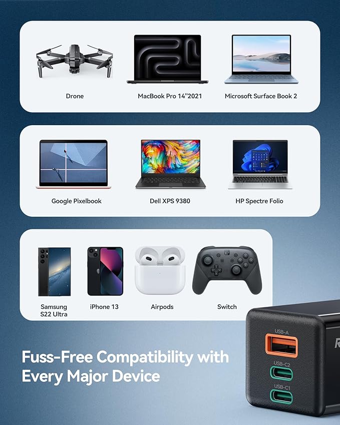 Ruko 65W USB C Charger, 3 Port International Travel Charger Kit, GaN Fast Charging Block with Portable Bag Cable UK EU Plug for iPhone 16/Pro, Galaxy S24, MacBook, iPad, Steam Deck, Drones