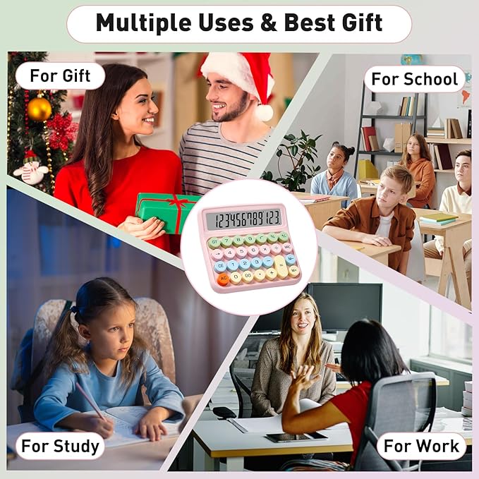 Mechanical Calculator with Large LCD Display, 12 Digits Big Button Easy to Use Auto Power Off Desktop Calculator for Home, Office & School (Pink)