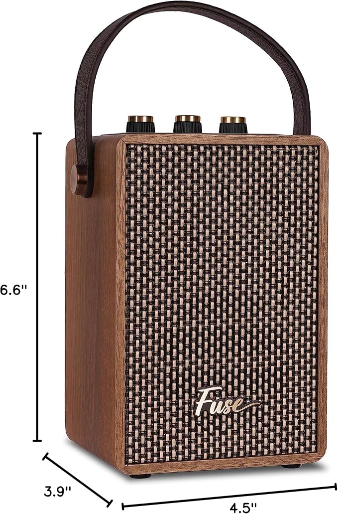 Fuse Andle Vintage Retro Bluetooth Speaker with Vegan Leather Handle | Portable Speaker with Smartphone Connection | USB & AUX Input | Stylish Brown Wood Exterior