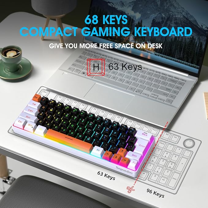 Snpurdiri 60 Percent Wired Gaming Keyboard, 63 Keys RGB Backlit Small Gaming Keyboard for PC, Gamer, Typist, Travel, Easy to Carry on Business Trip(Black-White-Orange)