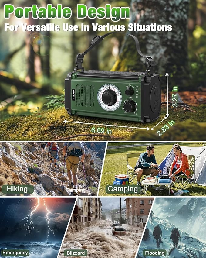 10000mAh Emergency Radio, Solar Radio, Hand Crank Radio, NOAA AM FM Weather Radio, 4 Charging Methods, Polymer Battery, Flashlight & Reading Lamp, SOS Alarm, Phone Charger for Emergency