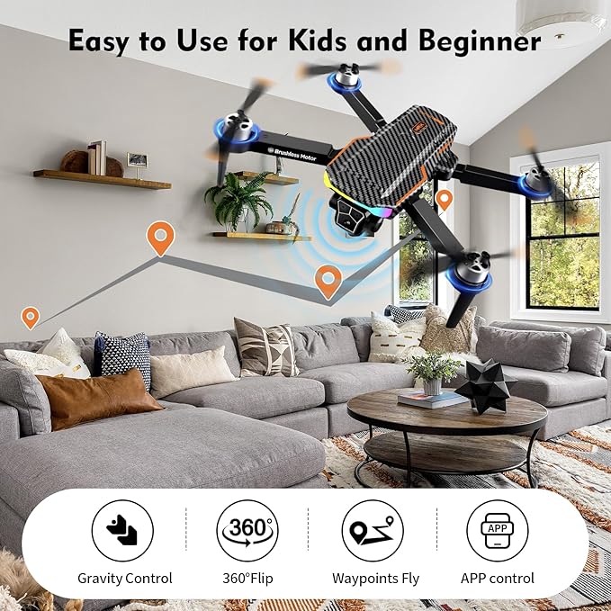 Drone with Camera for Adult Beginners and Kids,Foldable FPV,Brushless Motor,One Key Take Off/Land, Optical Flow Positioning, 360° Flip, Waypoint Fly,2Battery,Gift for adults,kids,beginners