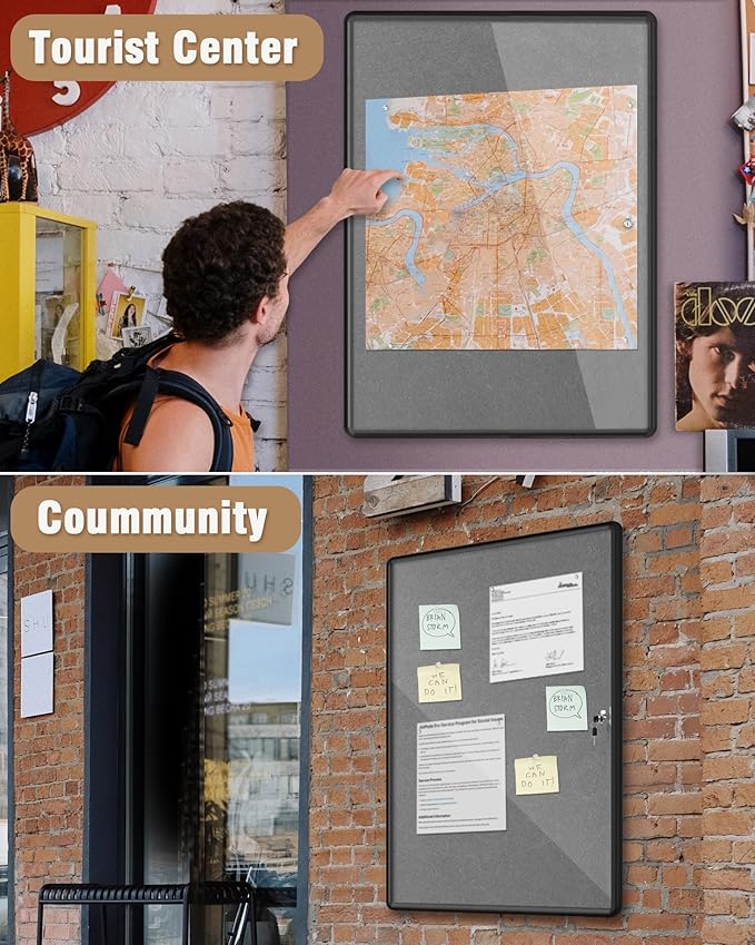 38"x28" Enclosed Bulletin Board, Lockable Weather-Resistant Aluminum Cork Noticeboard for Hospital School & Office, Black Frame w/Grey Flet