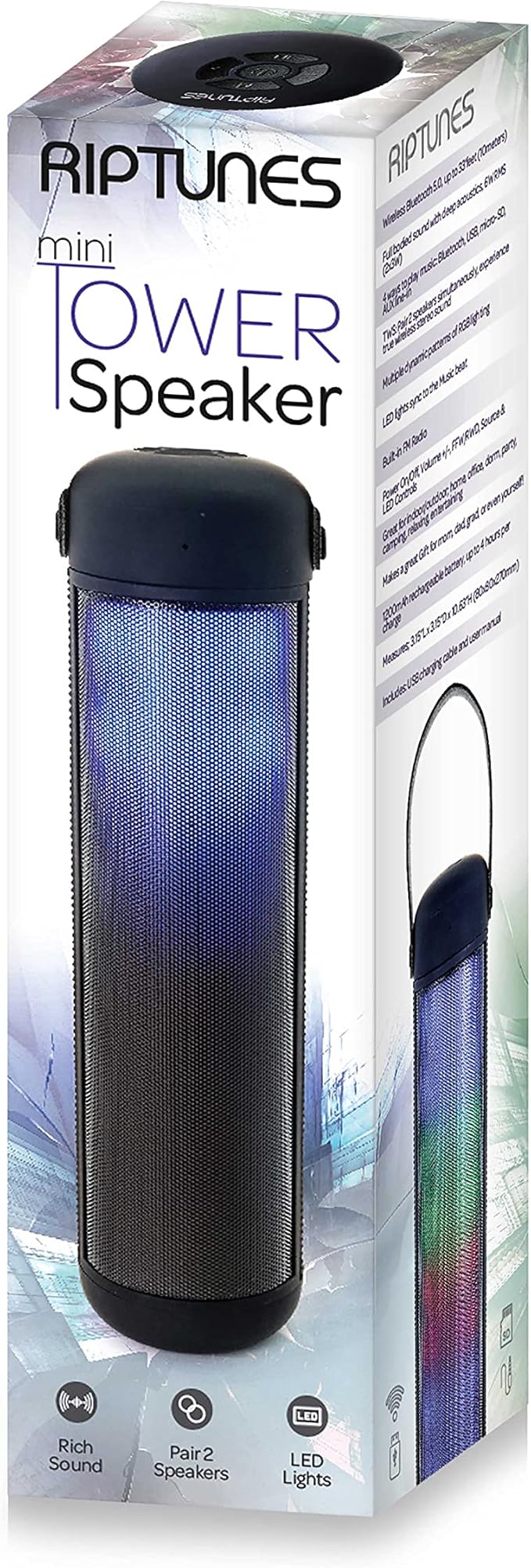 Riptunes Mini Tower Night Light Bluetooth Speaker, Portable Wireless Speaker w/Changing LED Lights, 6W RMS Full Range Stereo Sound, Built-in FM Radio, Supports Bluetooth/USB/Micro-SD/AUX line-in