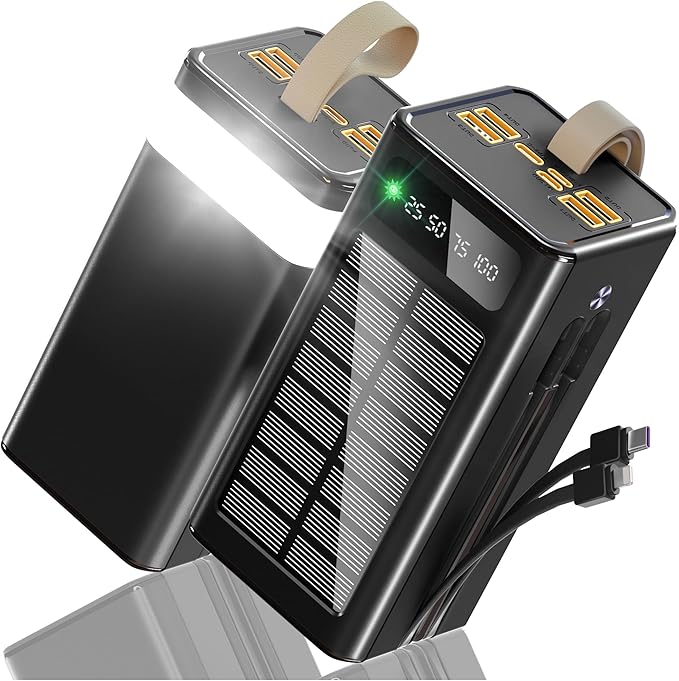 90000mAh Power Bank 35W Fast Charging with Solar Charger,Built-in USB-C/Lightning Cables High Capacity Portable Charger for Camping,Travel,Emergencies,Tech Devices| 9-Port PD/USB-C, LED Flashlight
