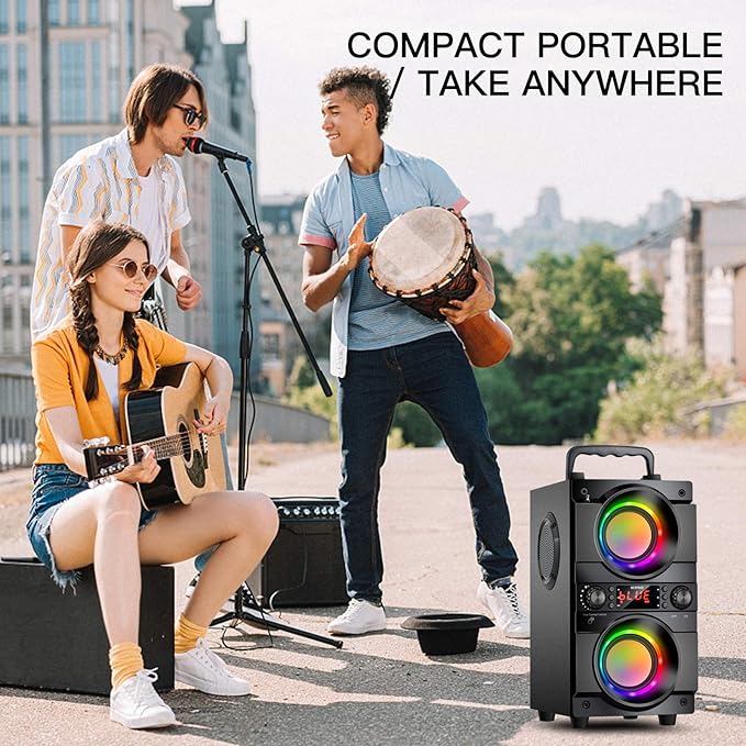 60W (80W Peak) Portable Bluetooth Speaker with Double Subwoofer Heavy Bass, Bluetooth 5.0 Wireless 100ft Outdoor Speaker, Support FM Radio, LED Colorful Lights, Stereo Sound, for Home, Party, Travel