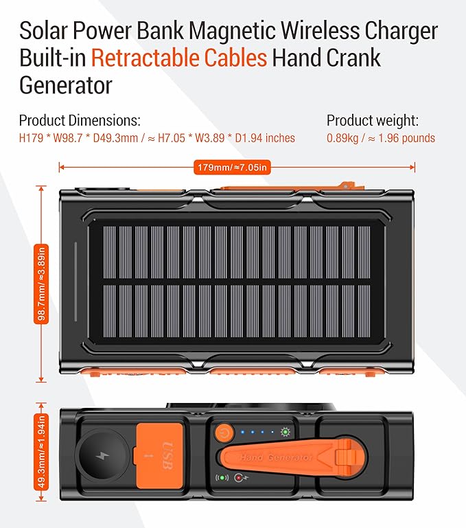 Solar Power Bank Dual Magnetic Wireless Charging, Built-in 2 Retractable Cables & Hand Crank and 22.5W Fast Charge, SOS/Strobe/Strong Flashlights