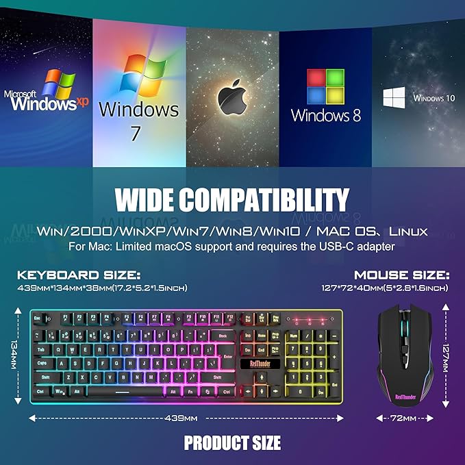 RedThunder K10 Wireless Gaming Keyboard and Mouse Combo, LED Backlit Rechargeable 3800mAh Battery, Mechanical Feel Anti-ghosting Keyboard + 7D 3200DPI Mice for PC Gamer (Black)