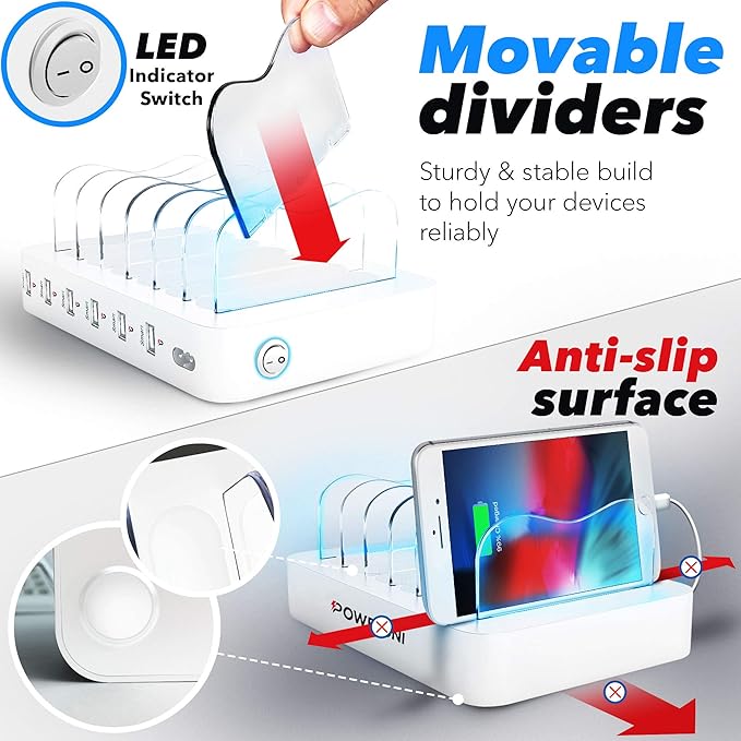 USB Charging Dock - 6-Port - Fast Charging Station for Multiple Devices Apple - Multi Device Charger Station - Compatible with Apple iPad iPhone and Android Cell Phone and Tablet