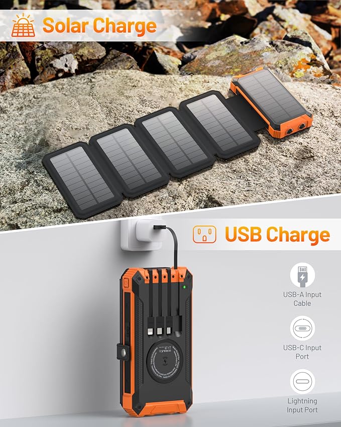 GOODaaa Power Bank Wireless Charger 36800mAh Solar Charger with Five Solar Panels Built-in Four Cable Five Outputs Portable Power Bank for Cell Phone with Dual Flashlights, Carabiner